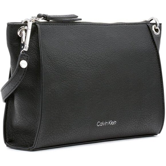 Vegan Leather Crossbody Bag Womens Small Black Silver Adjustable Pockets - Picture 2 of 5